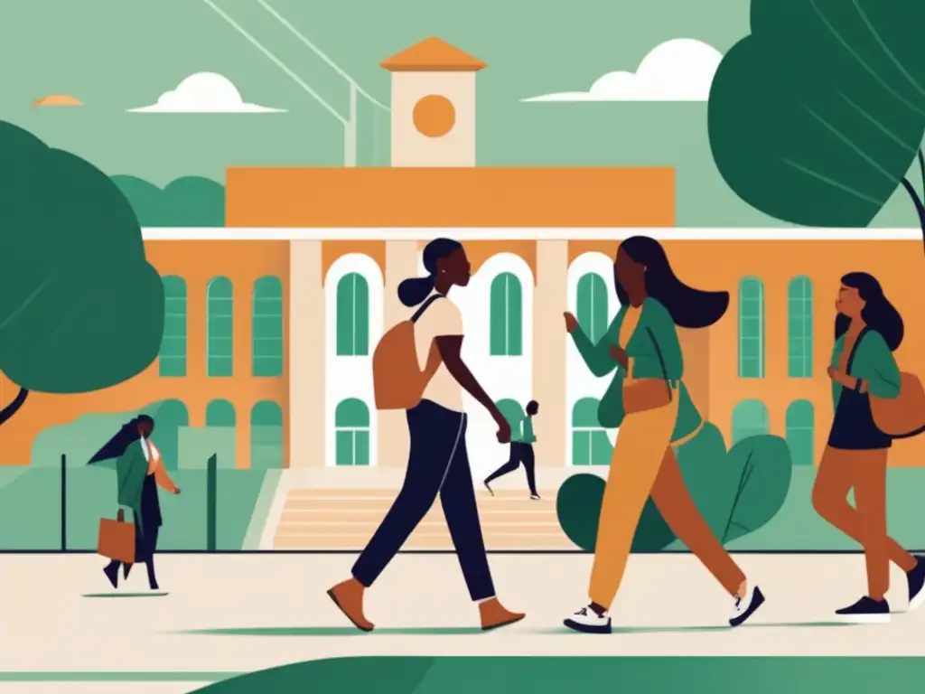 Campus universitario diverso y moderno Leyes antidiscriminación en admisiones universitarias, ilustración moderna y minimalista de un campus universitario con estudiantes diversos