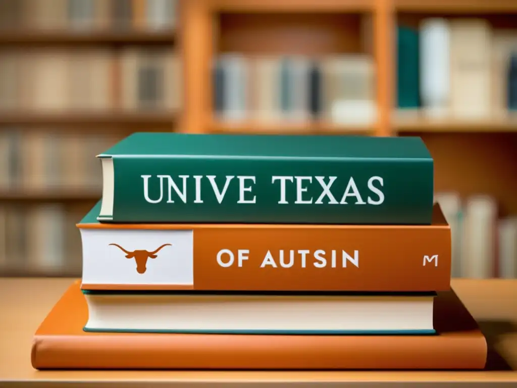 Logo UT Austin en pila de libros Guía admisión universidad Texas: libros con logo UT Austin, ordenados y minimalistas