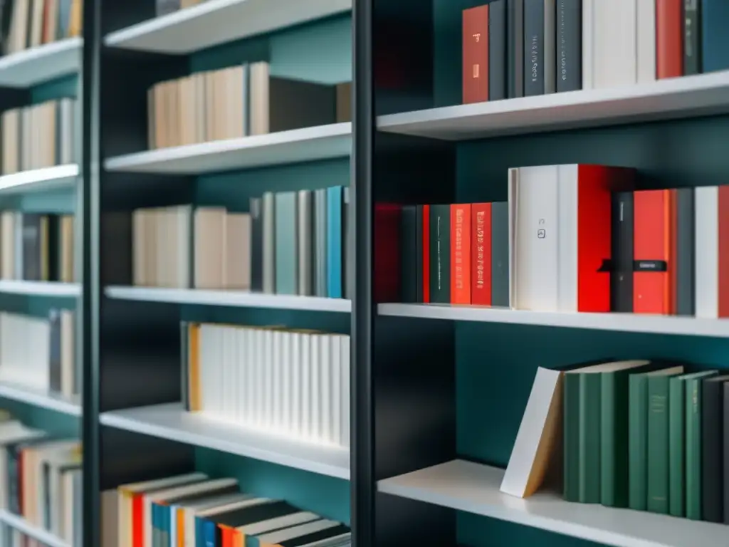 Moderno estante de libros ordenados y minimalista Libros organizados en una estantería minimalista de 8K, transmitiendo conocimiento y profesinalismo