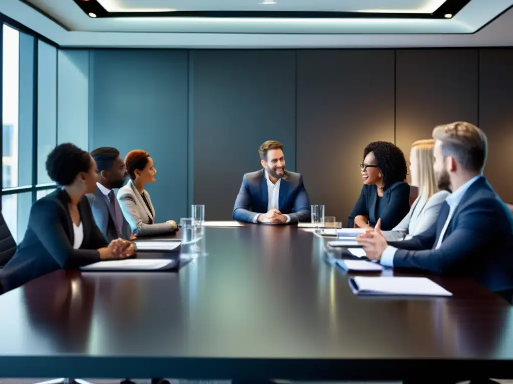 Equipo diverso en reunión de trabajo Liderazgo en equipo universitario: profesionales discutiendo estrategias para destacar (110 caracteres)