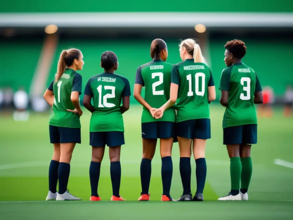 Liderazgo y trabajo en equipo en el deporte Líderes deportivos en campo de fútbol verde, uniformados, en huddle