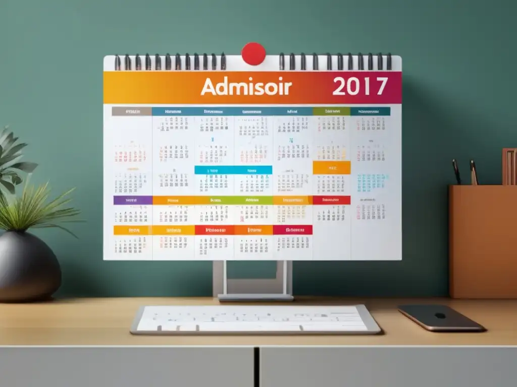 Calendario moderno de admisiones Maestría admisiones universitarias checklist completo - Calendario moderno con colores vibrantes y tareas detalladas
