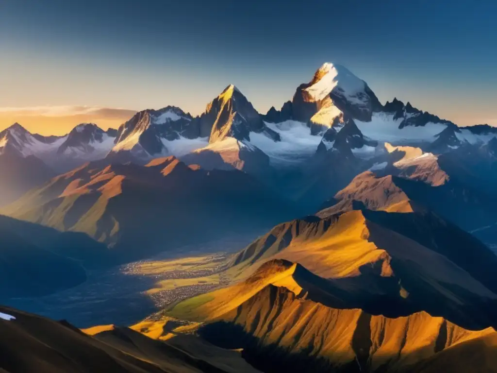 Impresionante cordillera nevada al atardecer Majestuosas montañas con luz dorada y sombras, reflejando la belleza y grandeza de la naturaleza