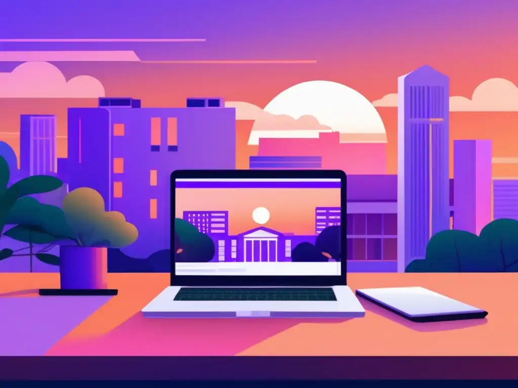Campus universitario seguro y moderno Manejo seguro de información personal universitaria en un campus tranquilo y profesional con una laptop y un paisaje al atardecer