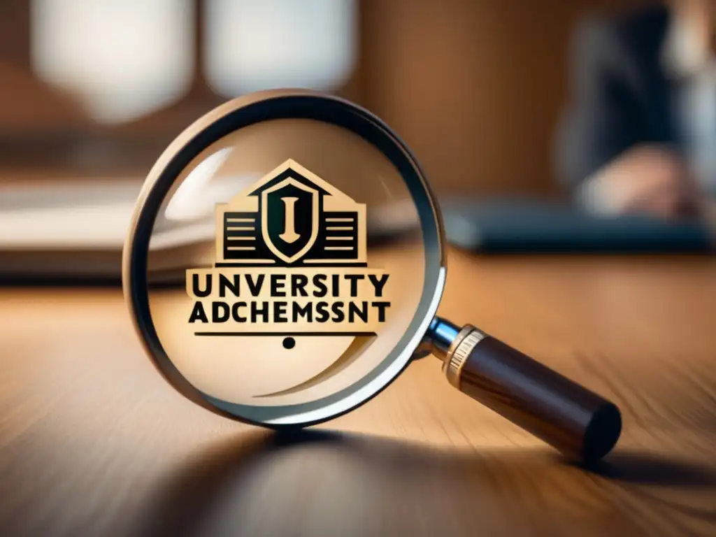 Mano sosteniendo lupa sobre emblema universitario en escritorio Mano sosteniendo lupa con emblema universitario en escritorio de madera - Proceso de admisiones universitarias