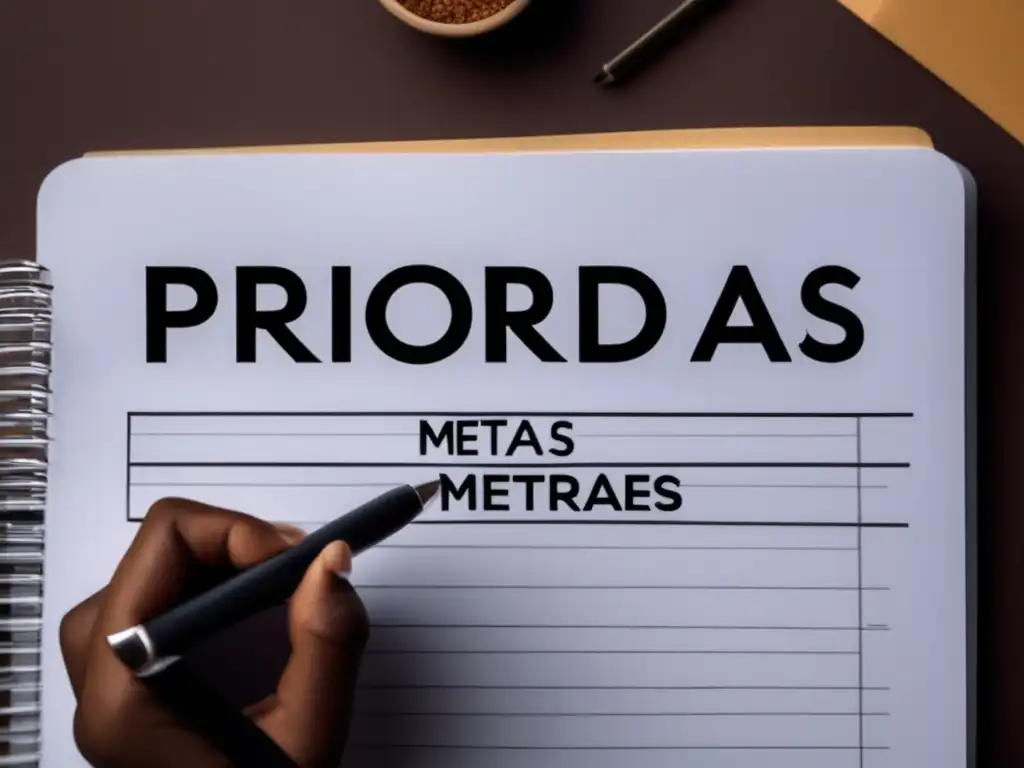 Evaluación de Prioridades y Metas Una mano evaluando prioridades y metas con un checklist, en tonos suaves y profesionales