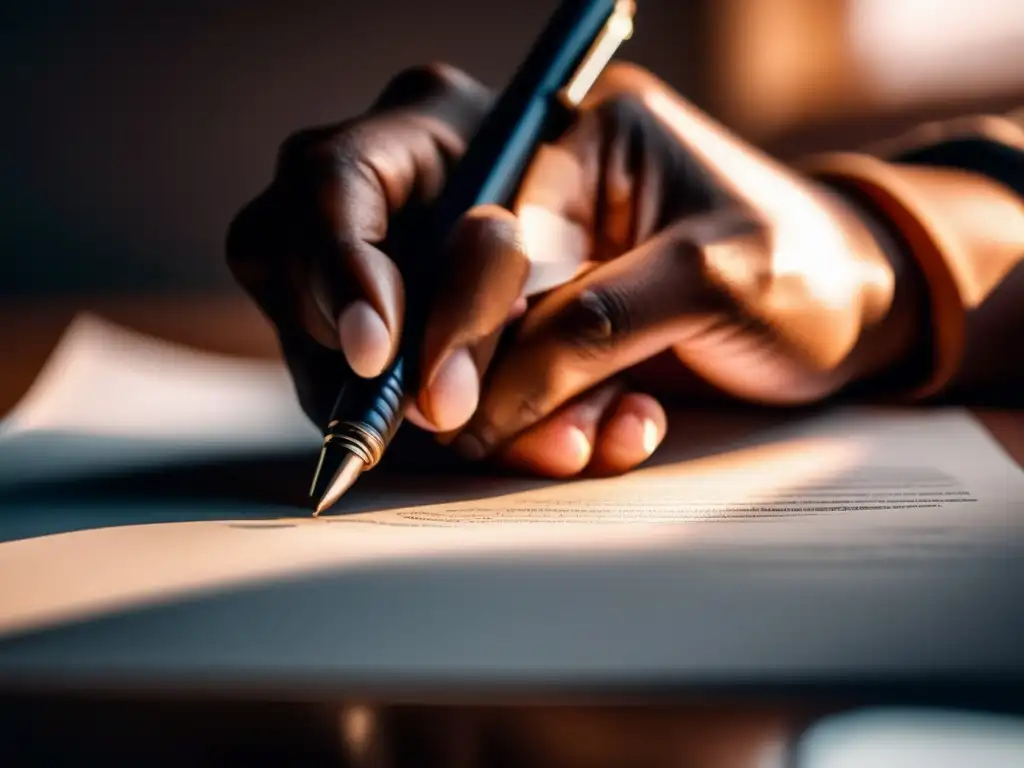 Manos listas para escribir Manos sujetando bolígrafo sobre papel en blanco, listas para escribir ensayo/recomendación impactante y convincente