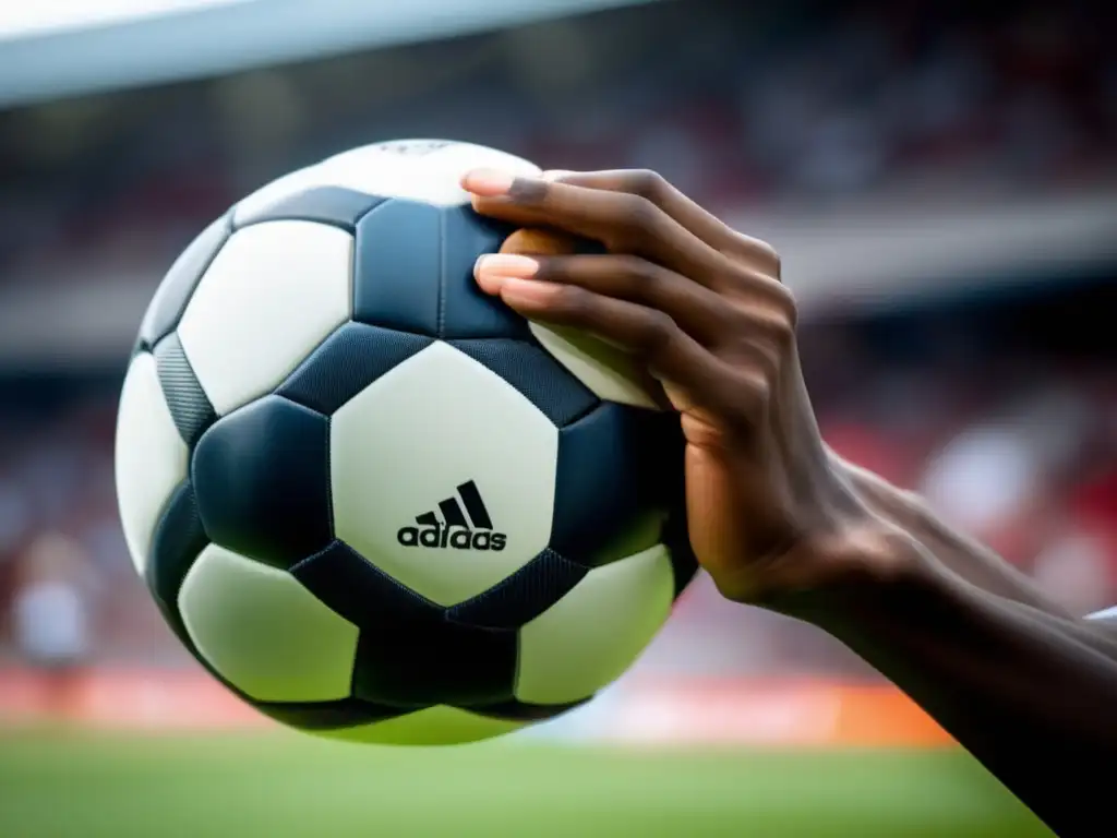 Manos fuertes y determinadas sujetando un balón de fútbol Manos fuertes y determinadas de atleta universitario sosteniendo una pelota de fútbol