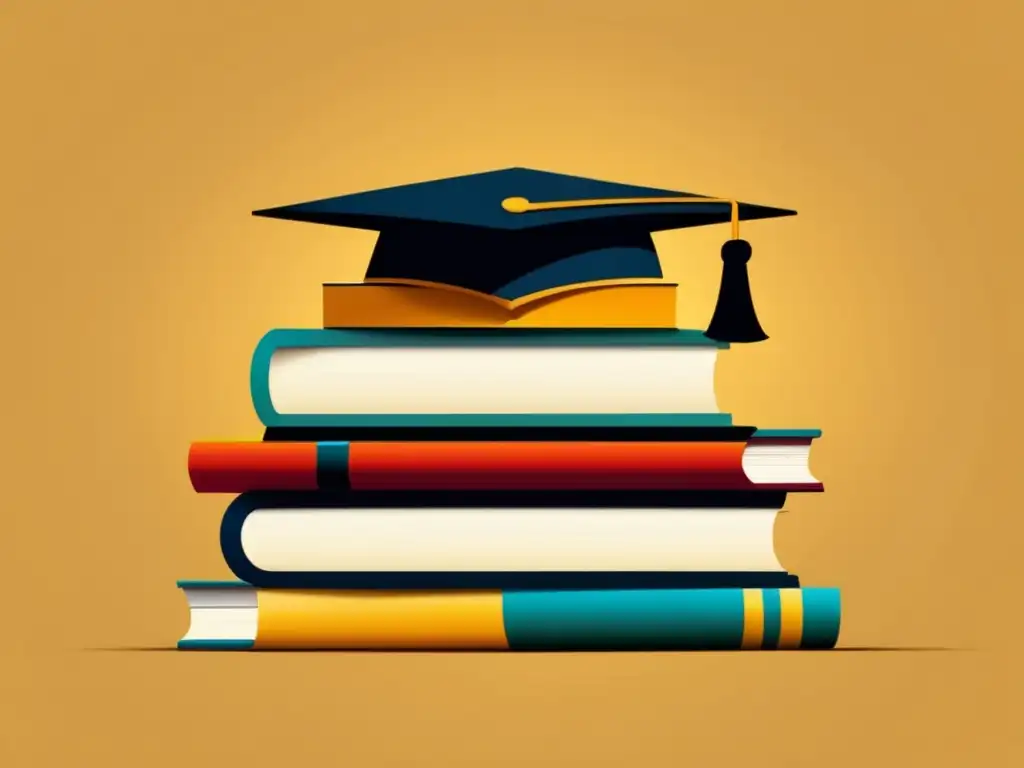 Estudio con éxito: libros y gorro de graduación Mantenimiento de becas universitarias: imagen minimalista y moderna de una pila de libros con una gorra de graduación