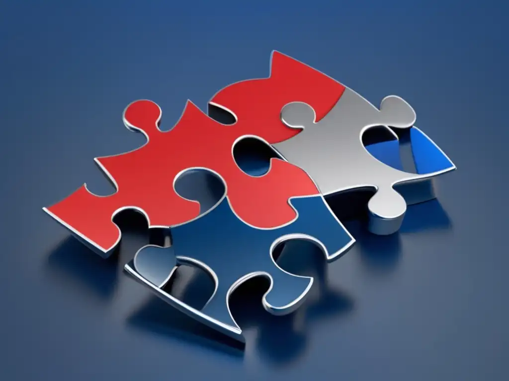 Rompiendo normas: tres instituciones vanguardistas Mejores instituciones universitarias disruptivas, puzzle interconectado en tonos azul, rojo y plata, con líneas limpias y bordes afilados
