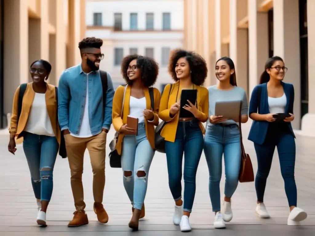 Estudiantes universitarios en aula virtual moderna y minimalista Mejores plataformas virtuales para admisión universitaria con estudiantes diversos en aula virtual moderna y minimalista