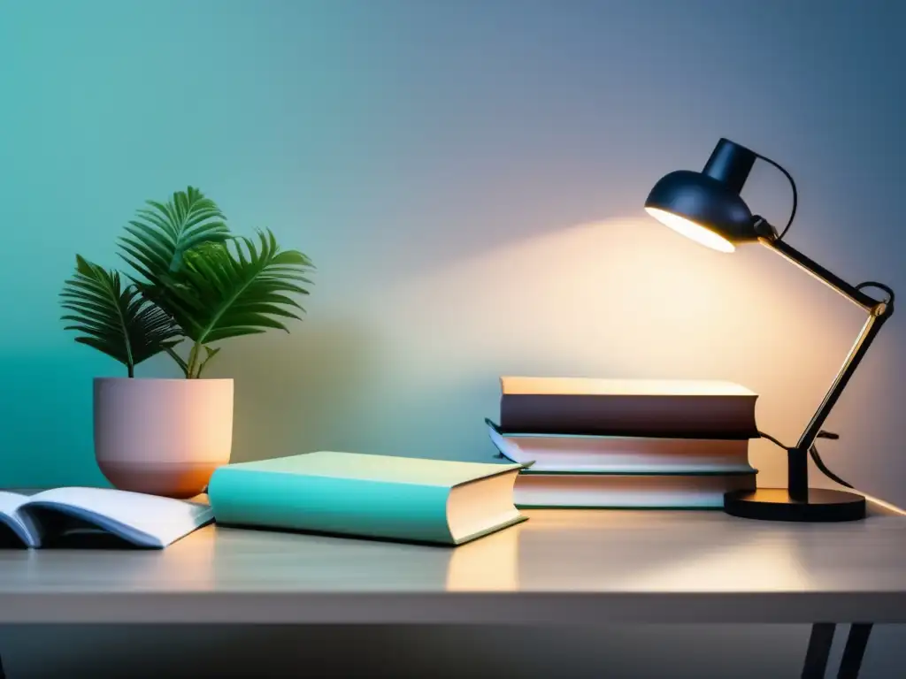 Estudio tranquilo y organizado Preparación mental: mesa minimalista con libros, difusor de aromas y planta, promoviendo técnicas de relajación para exámenes