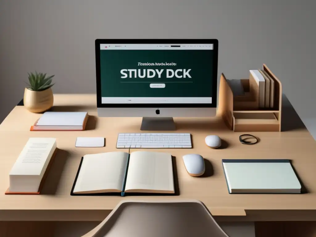 Escritorio de estudio moderno y organizado Mesa de estudio minimalista en madera clara con libros, laptop y cronograma de estudio