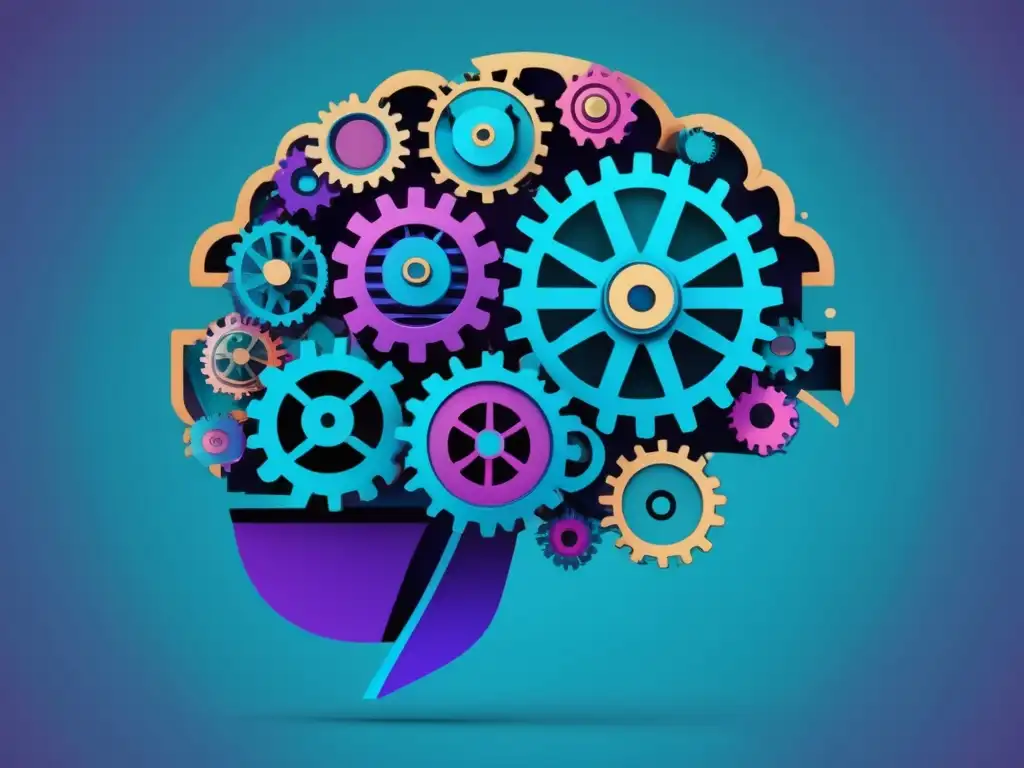 Cerebro de engranajes y relojes en azul y púrpura Metáforas y analogías en ensayos: cerebro vibrante de engranajes y relojería precisa, creatividad y originalidad