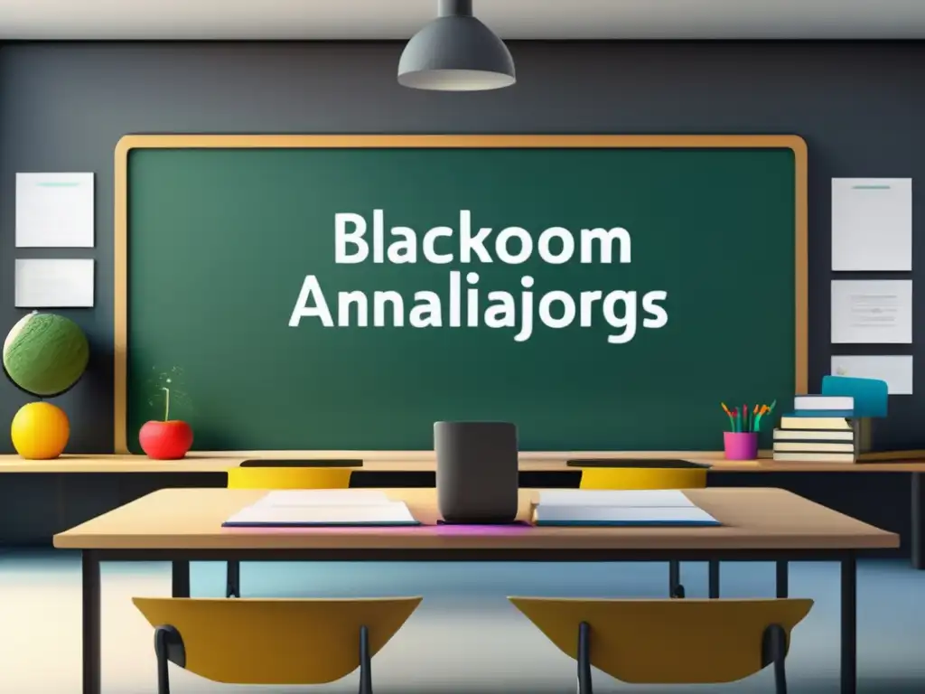 Aula moderna con pizarra llena de metáforas coloridas Metáforas y analogías en ensayos universitarios
