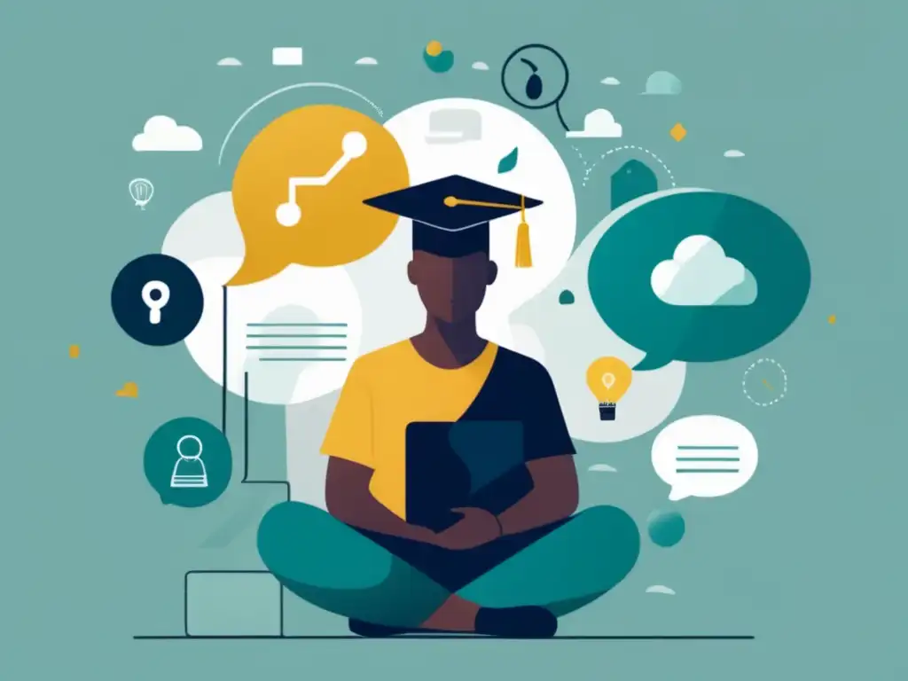 Persona enfocada en metas y tranquilidad Hablar de metas y aspiraciones en entrevista universitaria: persona tranquila y segura rodeada de símbolos de objetivos y éxito