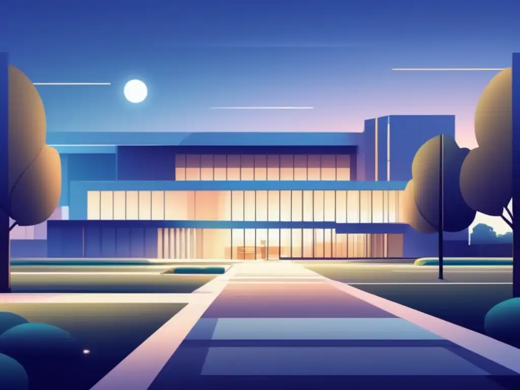 Universidad moderna al atardecer Ilustración minimalista de un campus universitario al atardecer