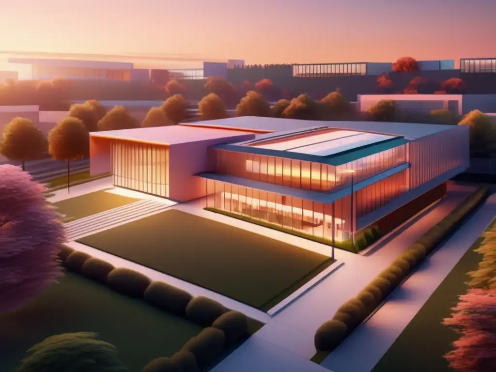 Universidad al atardecer Ilustración minimalista de un campus universitario al atardecer, con un edificio contemporáneo rodeado de áreas verdes y senderos bien cuidados