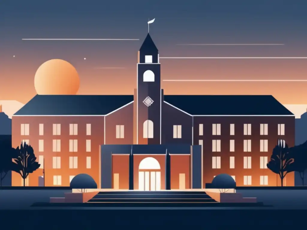 Campus universitario moderno al atardecer Ilustración minimalista de un campus universitario al atardecer