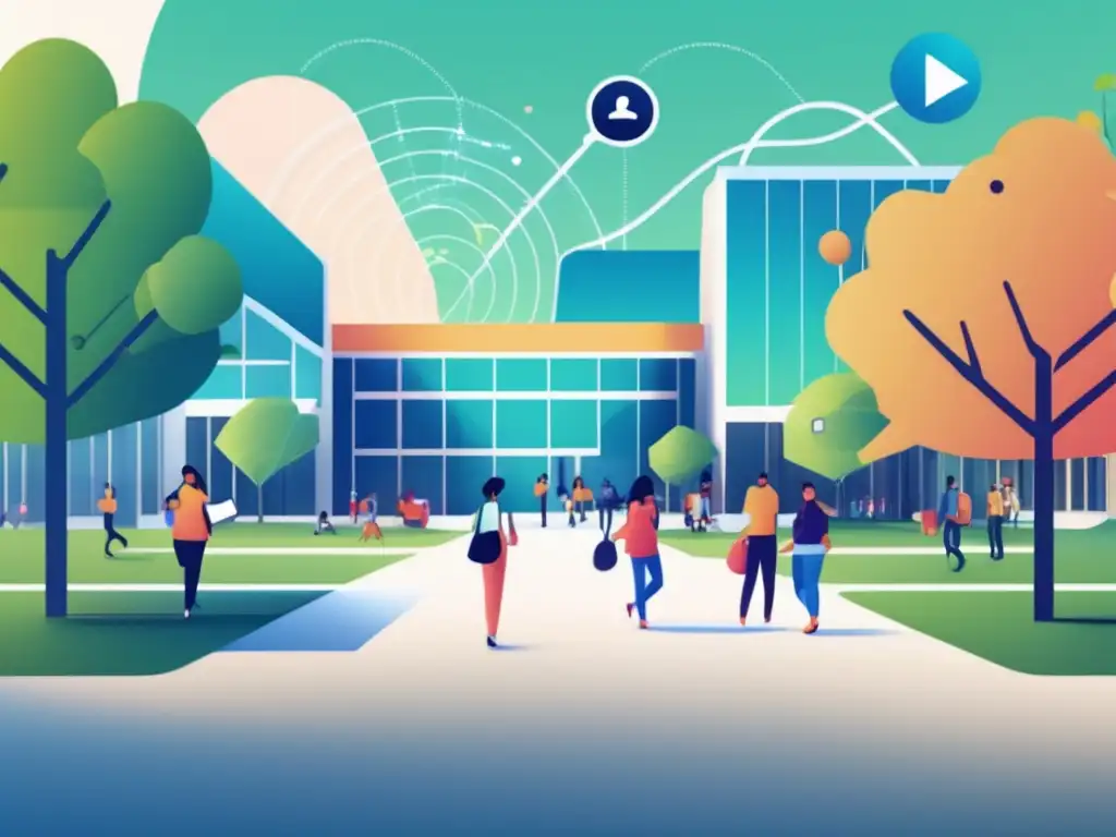 Ilustración moderna de un campus universitario con red social Ilustración minimalista 8k de un campus universitario con red social vibrante