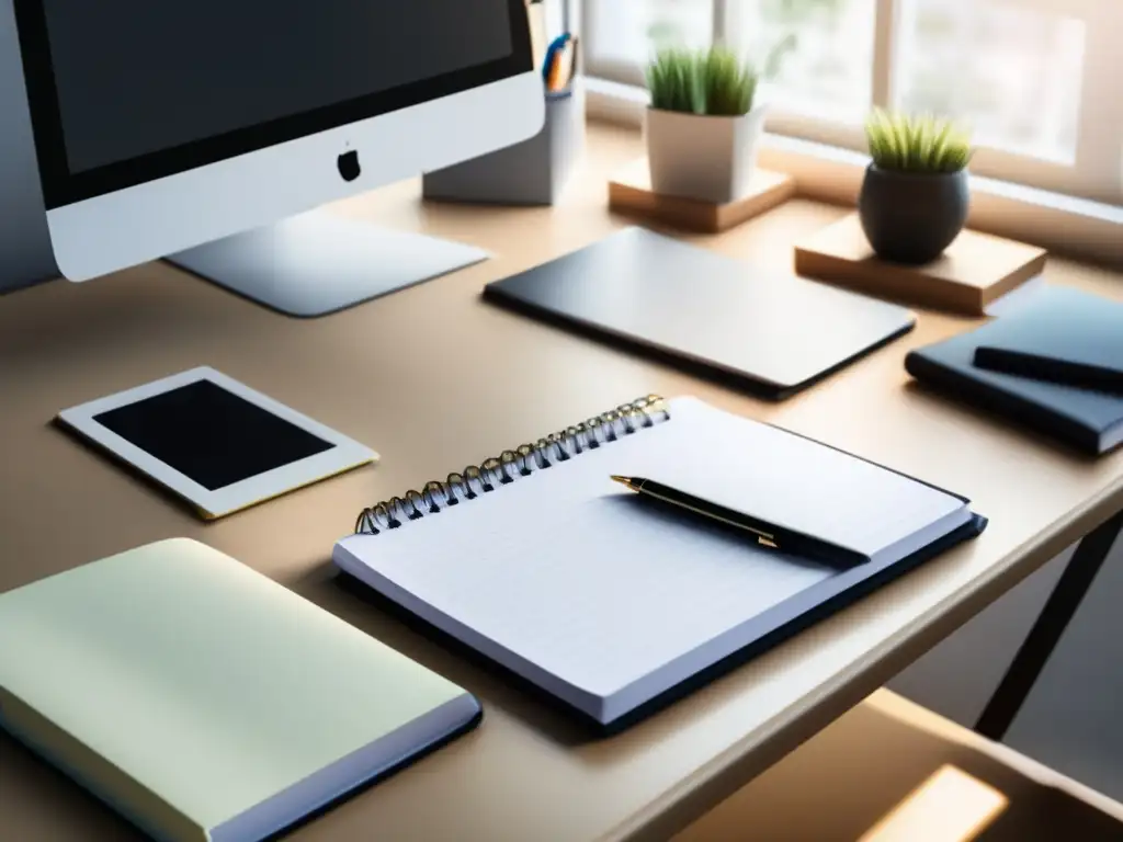 Escritorio minimalista para estudiante Ilustración minimalista de un escritorio de estudiante, organizado y limpio, con una computadora, cuaderno y elementos de papelería
