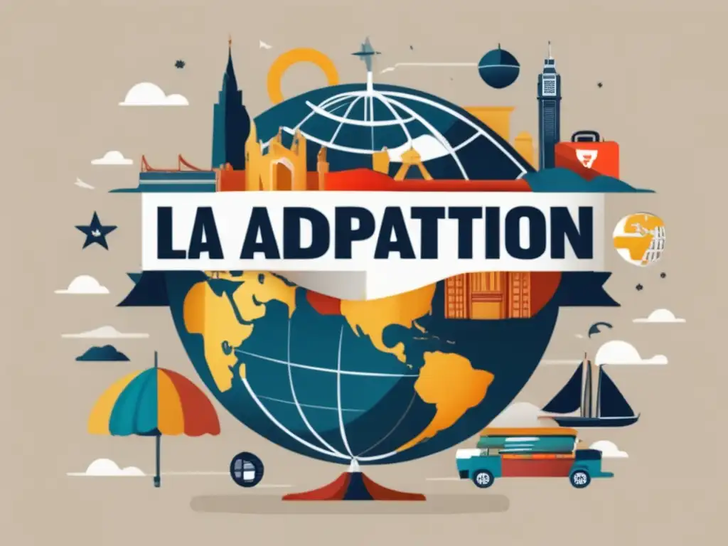 Adaptación cultural en el extranjero Ilustración minimalista de una esfera rodeada de símbolos y monumentos culturales, representando la diversidad de culturas en el mundo