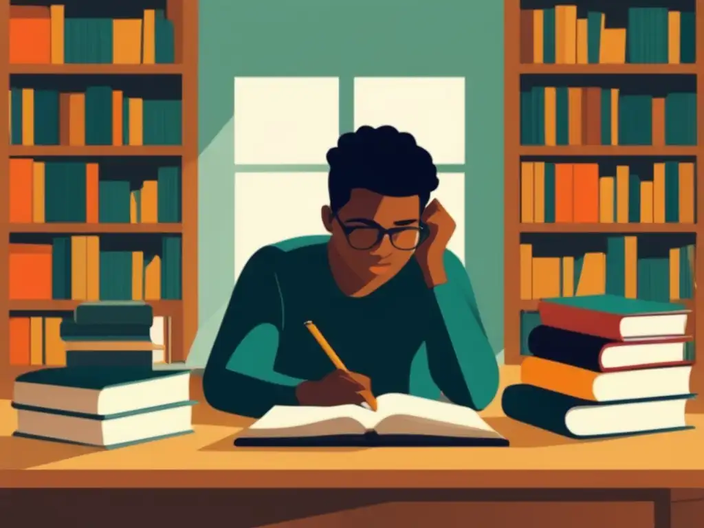 Estudiante concentrado en su escritorio Ilustración minimalista de estudiante concentrado con estrategias para ensayo universitario