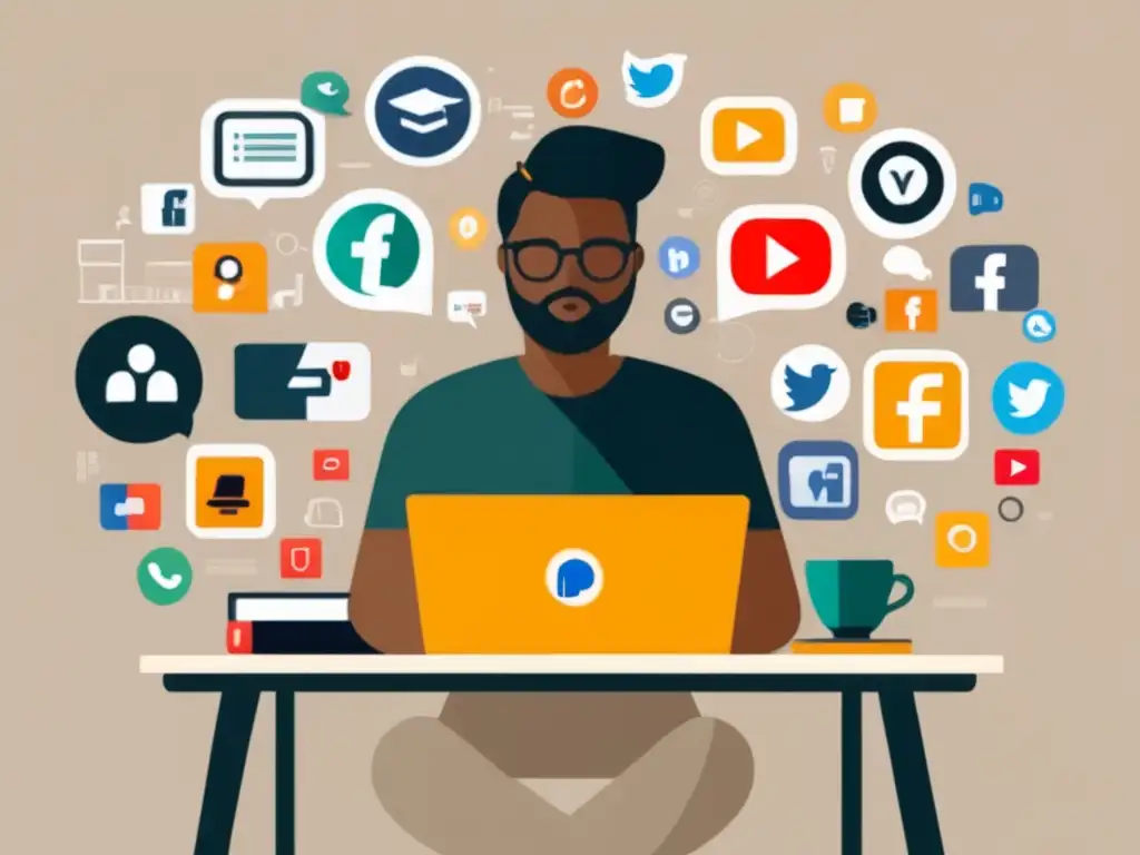Estudiante reflexivo en redes Ilustración minimalista de estudiante universitario rodeado de iconos y dispositivos de comunicación, destacando la privacidad