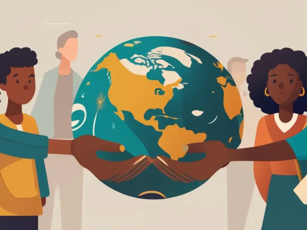 Estudiantes diversos unidos frente al globo Ilustración minimalista de estudiantes de diferentes culturas, unidos y sosteniendo un globo en frente