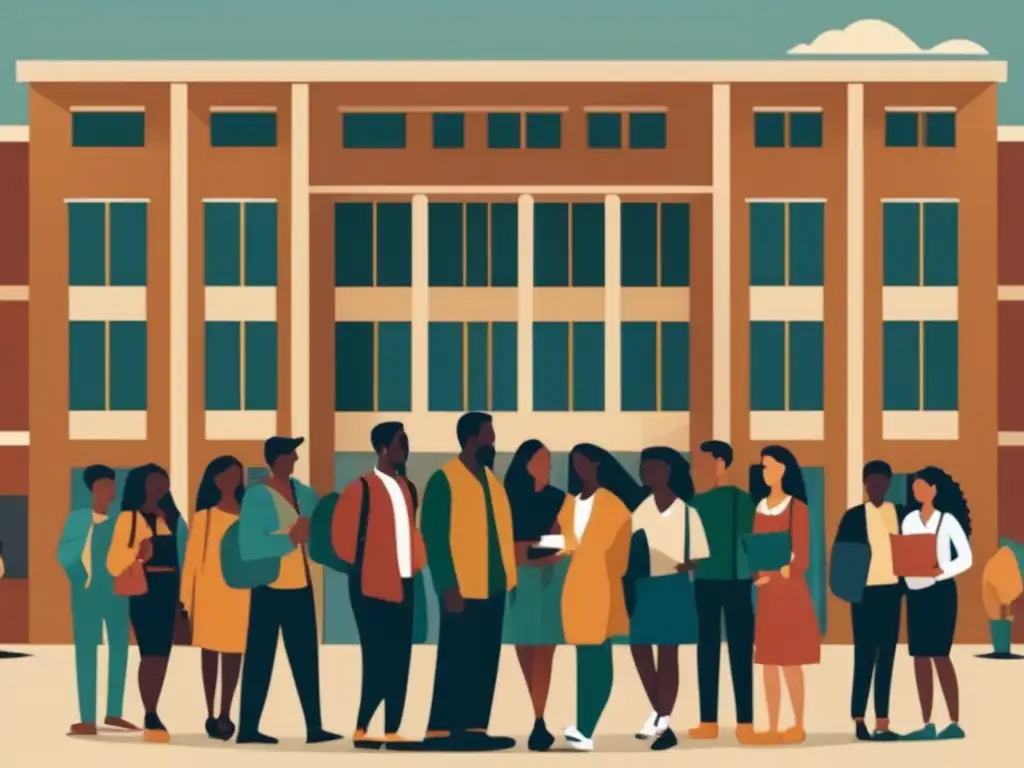Estudiantes universitarios diversos frente al edificio Ilustración minimalista de estudiantes universitarios diversos frente a un edificio moderno