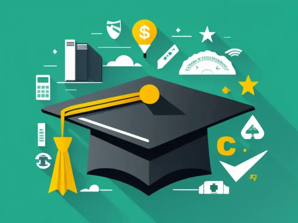 Planificación financiera con préstamo estudiantil Ilustración minimalista de una gorra de graduación rodeada de íconos financieros (Planificación financiera préstamo estudiantil)