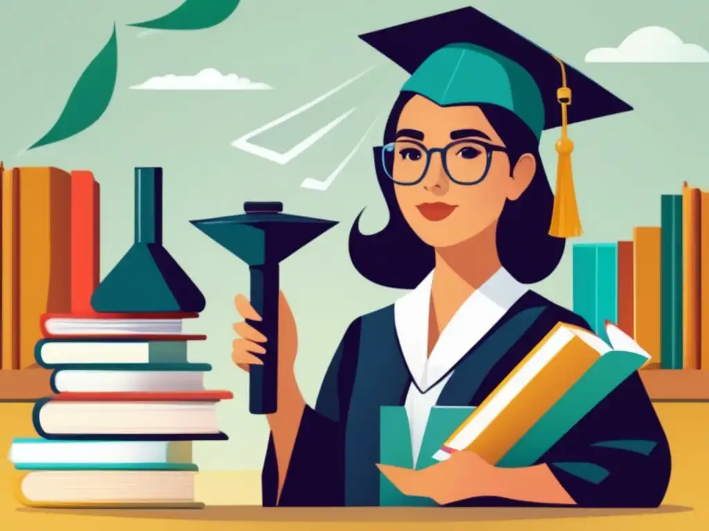 Joven científica con microscopio y libros Ilustración minimalista de una joven científica con gorro de graduación, sosteniendo un microscopio y libros, rodeada de símbolos científicos