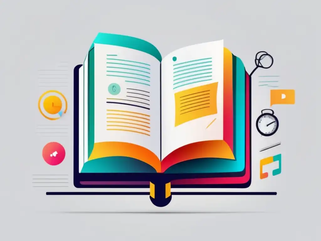 Diseño minimalista y moderno con libro abierto y notas Diseño minimalista: libro abierto con notas manuscritas y técnicas de análisis y crítica universitaria