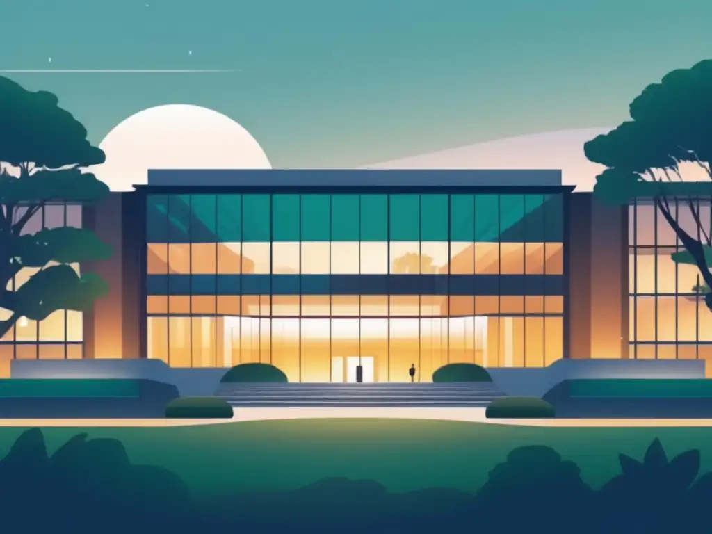 Campus universitario moderno al atardecer Ilustración minimalista y moderna de un campus universitario al atardecer