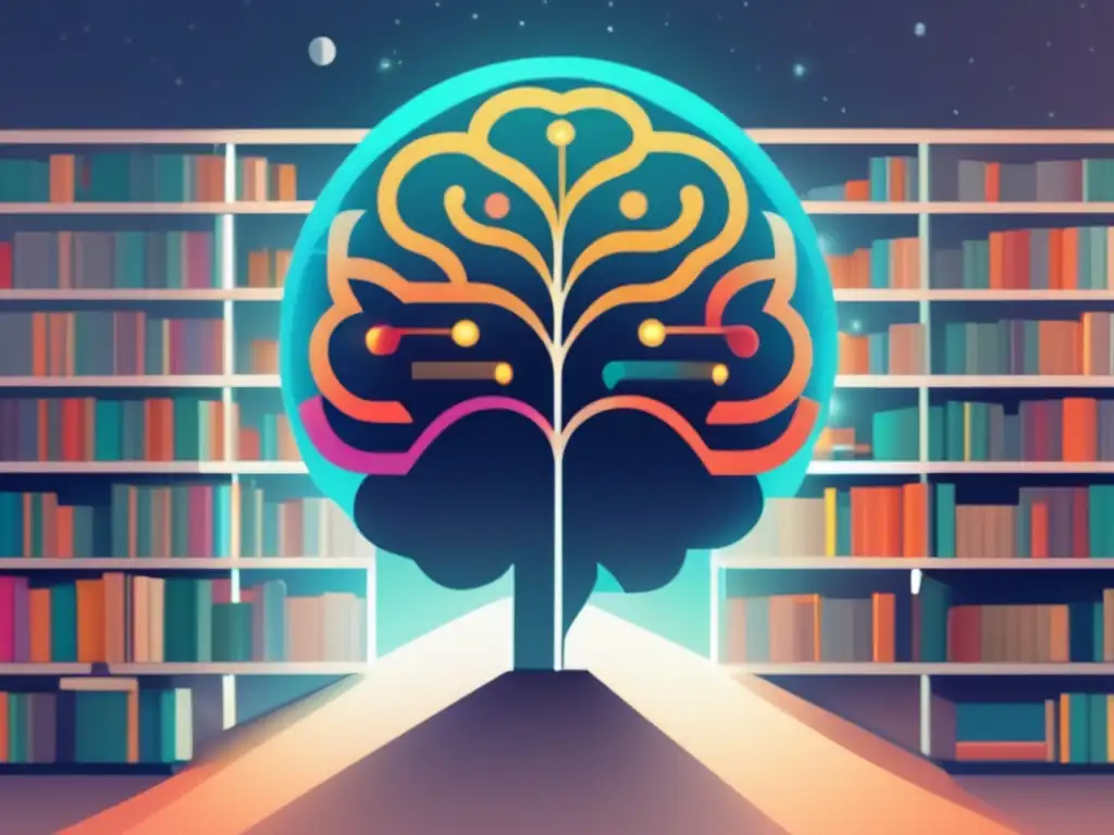 Conexión entre el conocimiento y la mente Ilustración minimalista y moderna: cerebro conectado a biblioteca llena de libros