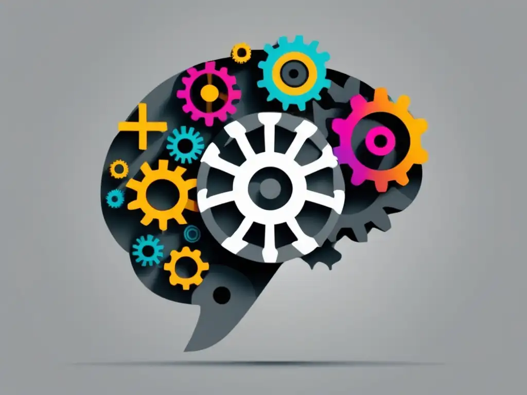 Cerebro innovador con engranajes Ilustración minimalista y moderna de un cerebro humano con engranajes y ruedas, simbolizando el desarrollo del pensamiento innovador