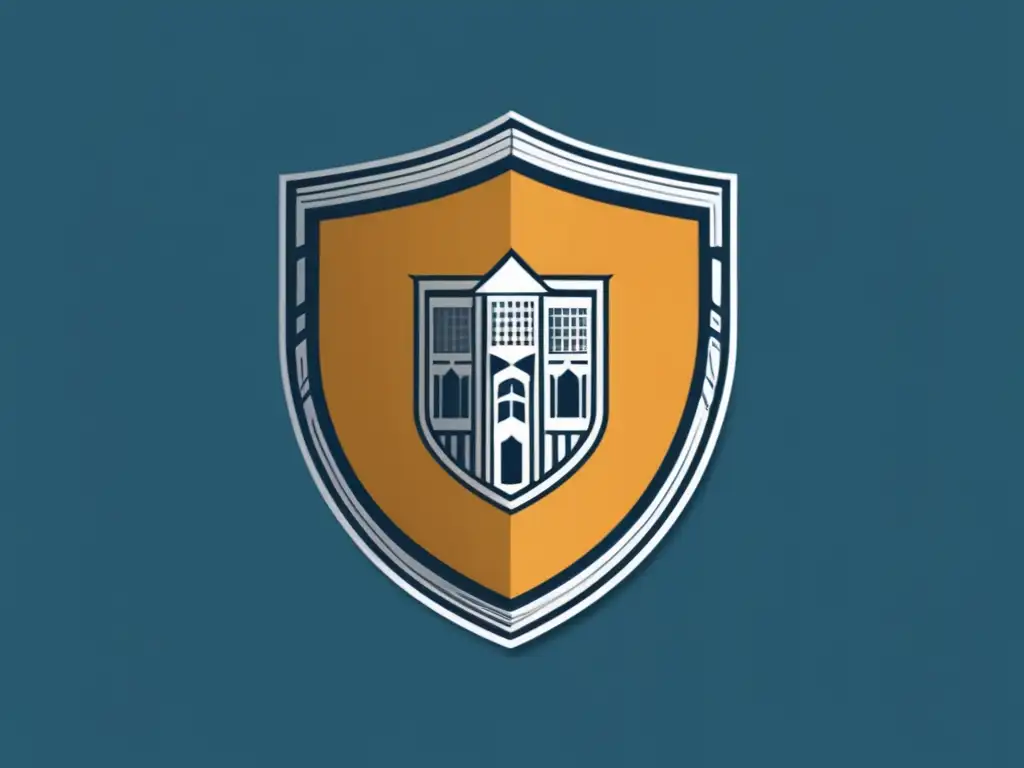 Escudo universitario con ícono de privacidad Ilustración minimalista y moderna con un escudo simbolizando garantías legales, icono de universidad a la izquierda y candado a la derecha