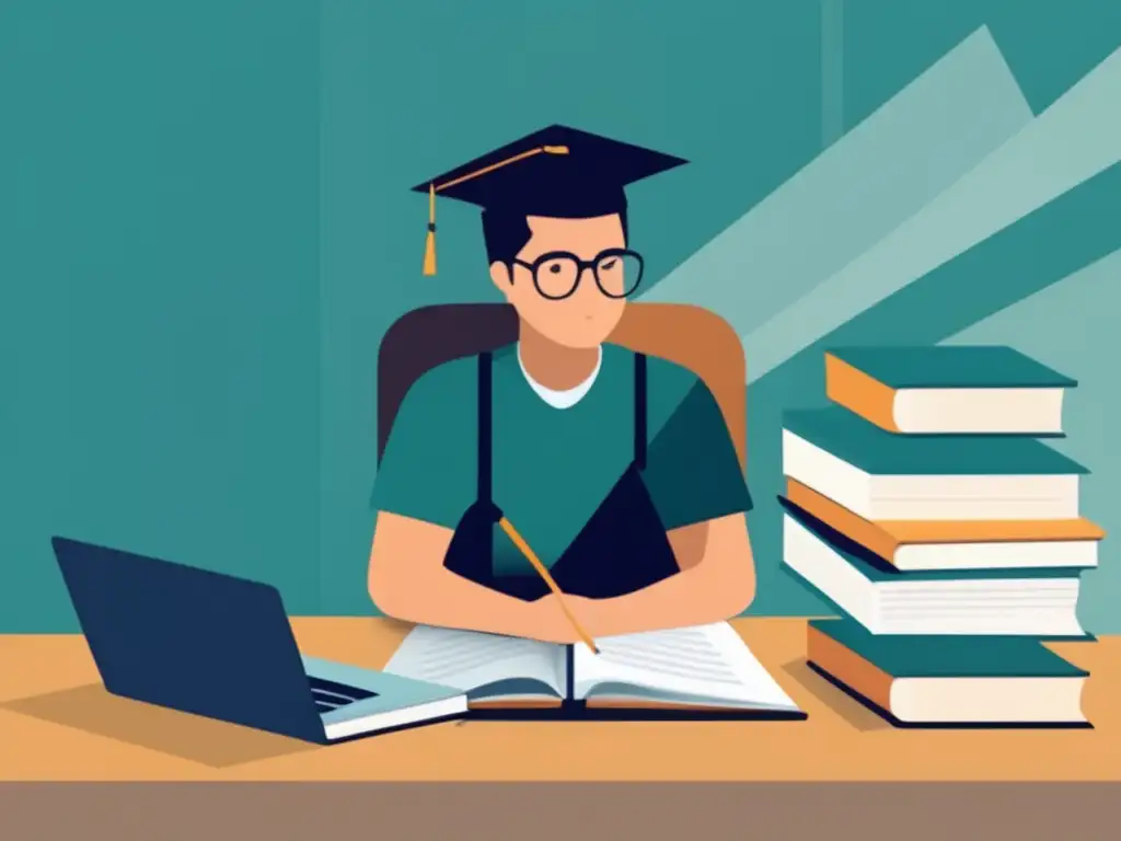Estudiante enfocado en la universidad Ilustración minimalista y moderna de un estudiante concentrado en su escritorio rodeado de libros y una laptop