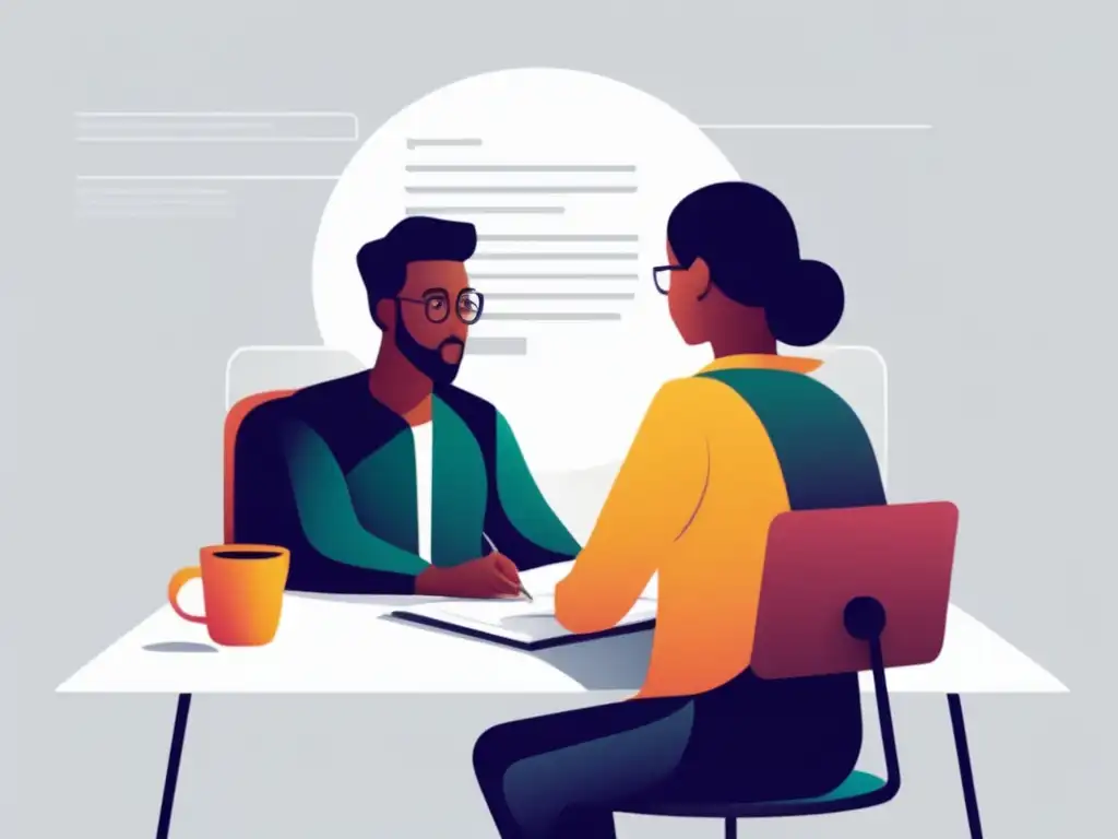 Mentoring colaborativo y profesional Ilustración minimalista y moderna: estudiante y tutor en una sesión de mentoría para admisiones universitarias
