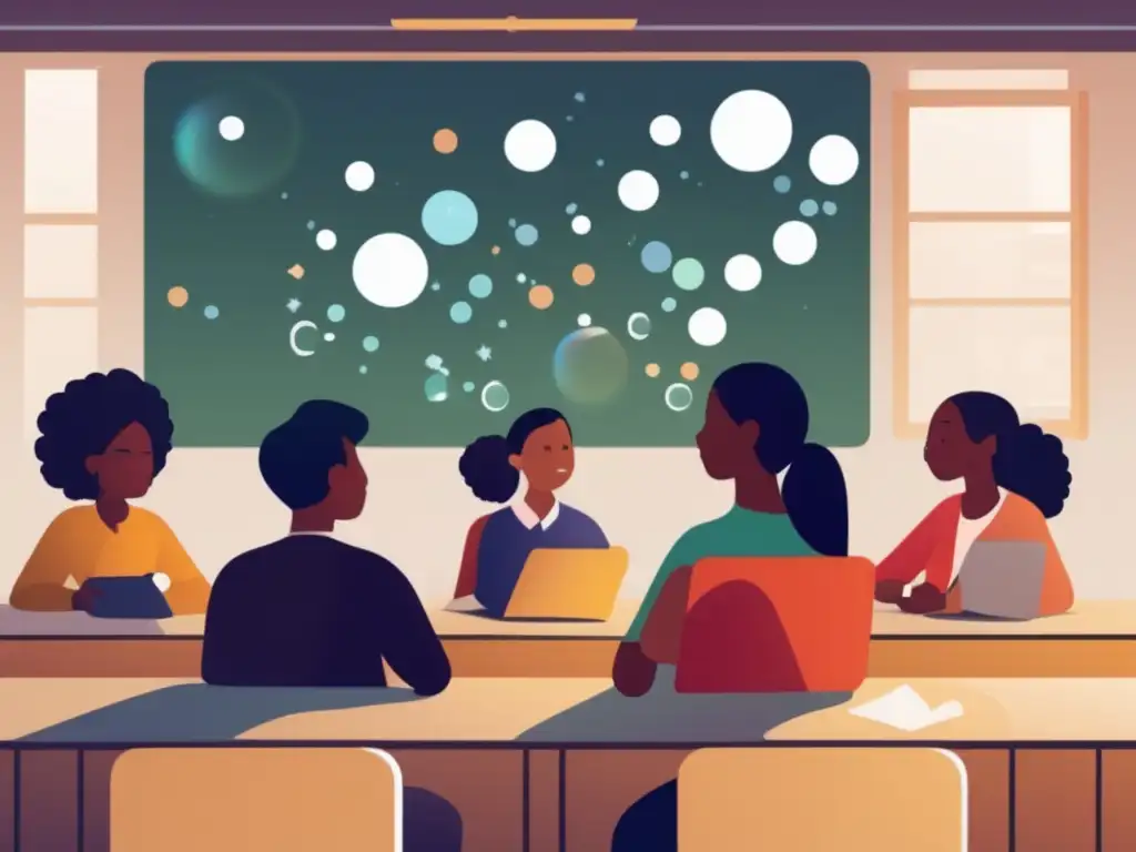 Estudiantes desafiando prejuicios Ilustración minimalista y moderna de estudiantes diversos en un aula rodeados de burbujas con símbolos de prejuicio y discriminación