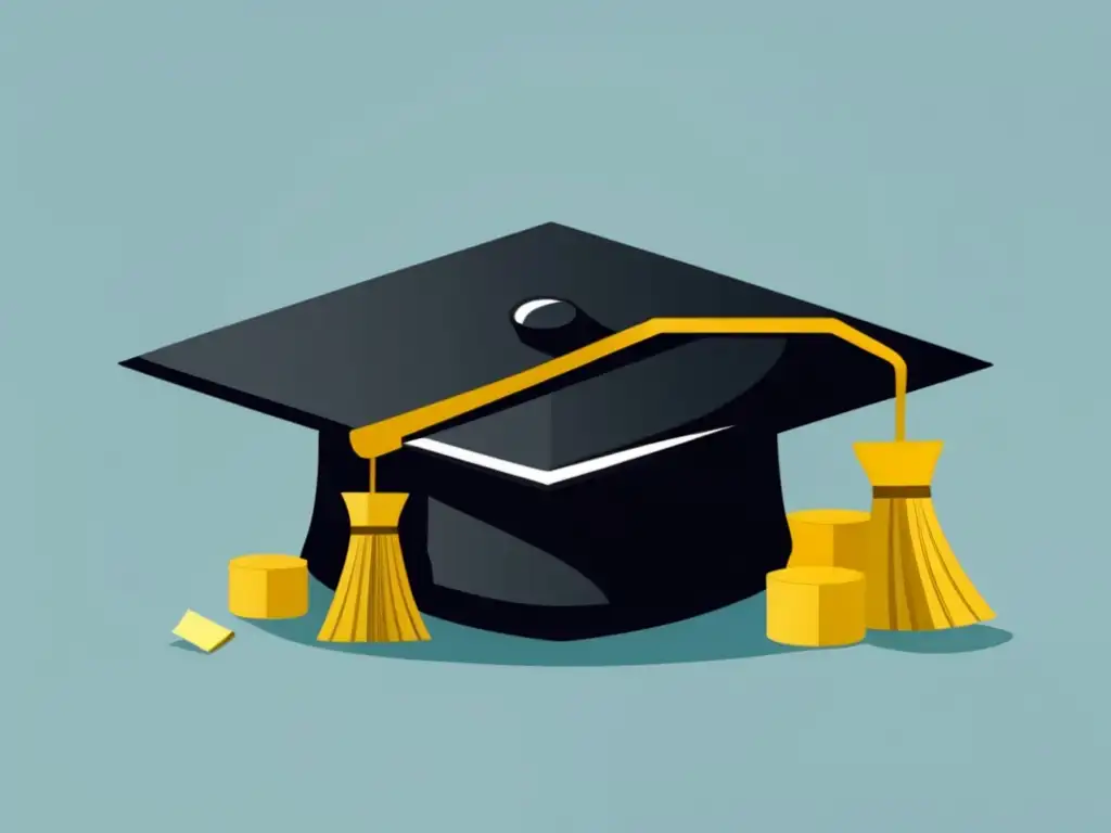 Ilustración moderna de una gorra de graduación con elementos financieros Ilustración minimalista y moderna con gorro de graduación negro y borla dorada rodeado de elementos financieros