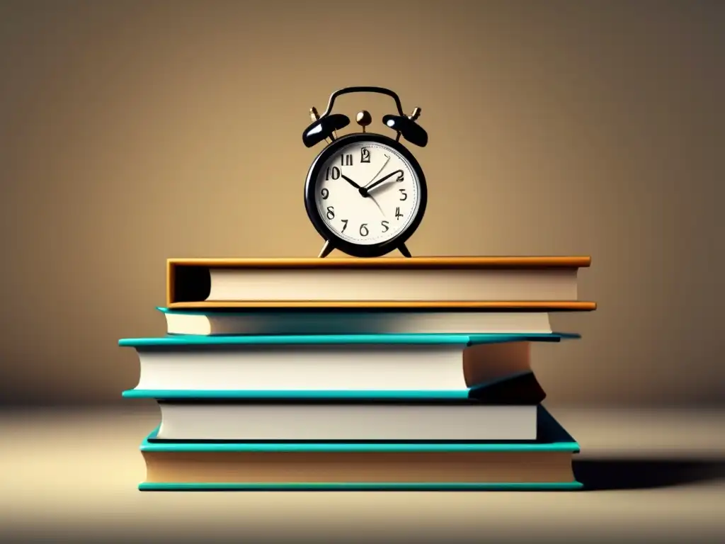 Organización y tiempo: Preparación exitosa para exámenes Ilustración minimalista y moderna de libros con un reloj, representa métodos infalibles para preparación de exámenes universitarios