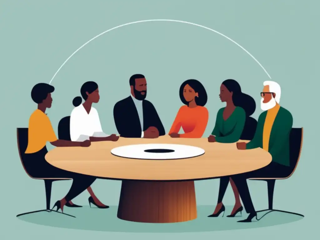 Reunión diversa en mesa moderna Ilustración minimalista y moderna de una reunión grupal diversa alrededor de una mesa circular