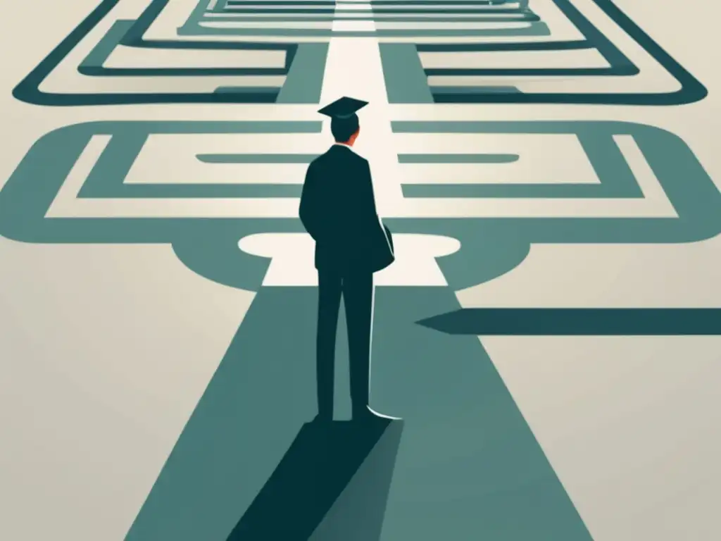 Decisión de maestría: Personaje en encrucijada Ilustración minimalista de una persona en una encrucijada, rodeada de distintos caminos representando disciplinas académicas, con expresión reflexiva