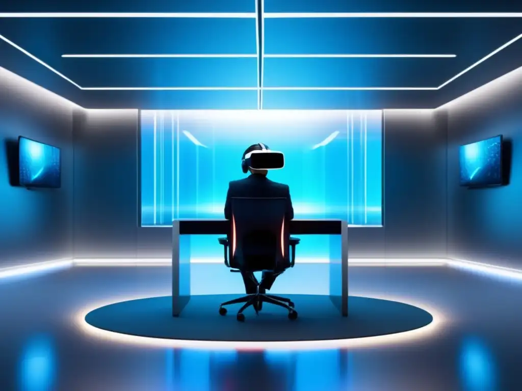 Entrevista universitaria futurista y motivadora Ilustración minimalista de persona en sala de entrevista futurista, con tecnología avanzada y citas motivadoras