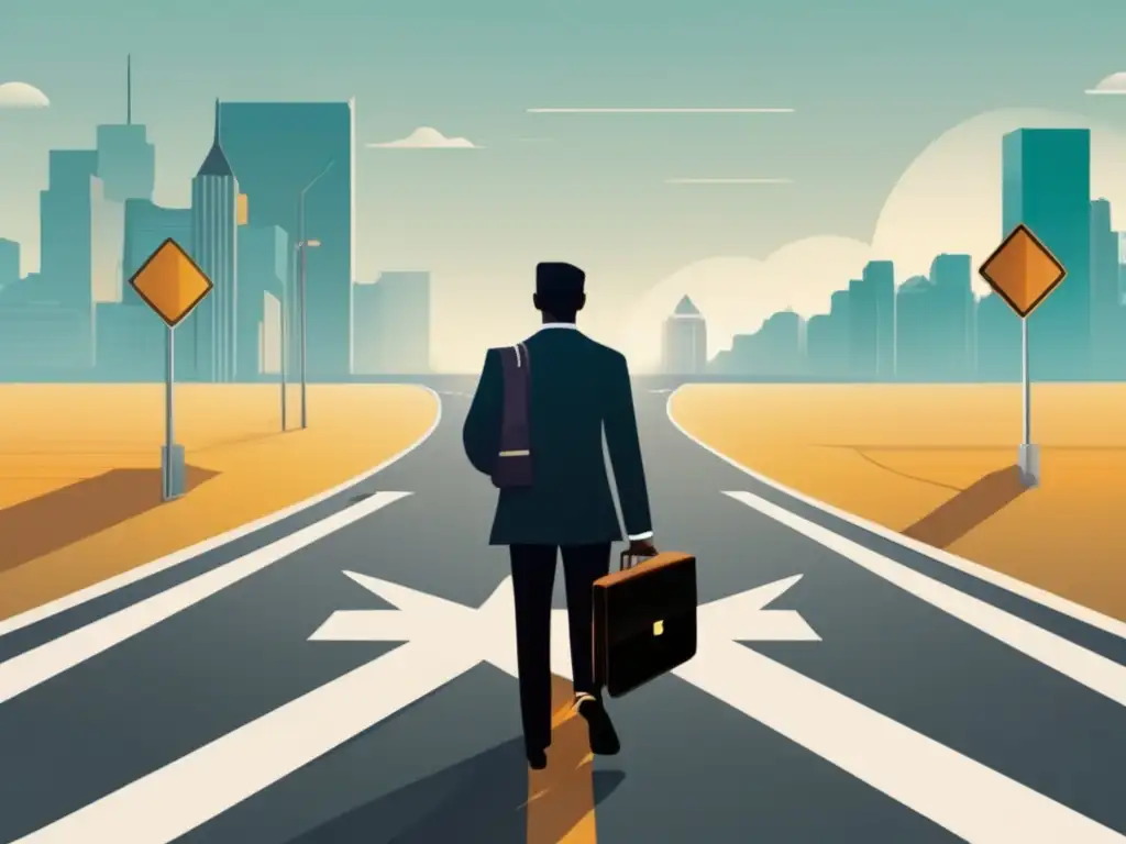Opciones profesionales en el mercado Mitos desmentidos: Personaje en cruce de caminos con maletín, representando opciones y adaptabilidad en carrera universitaria
