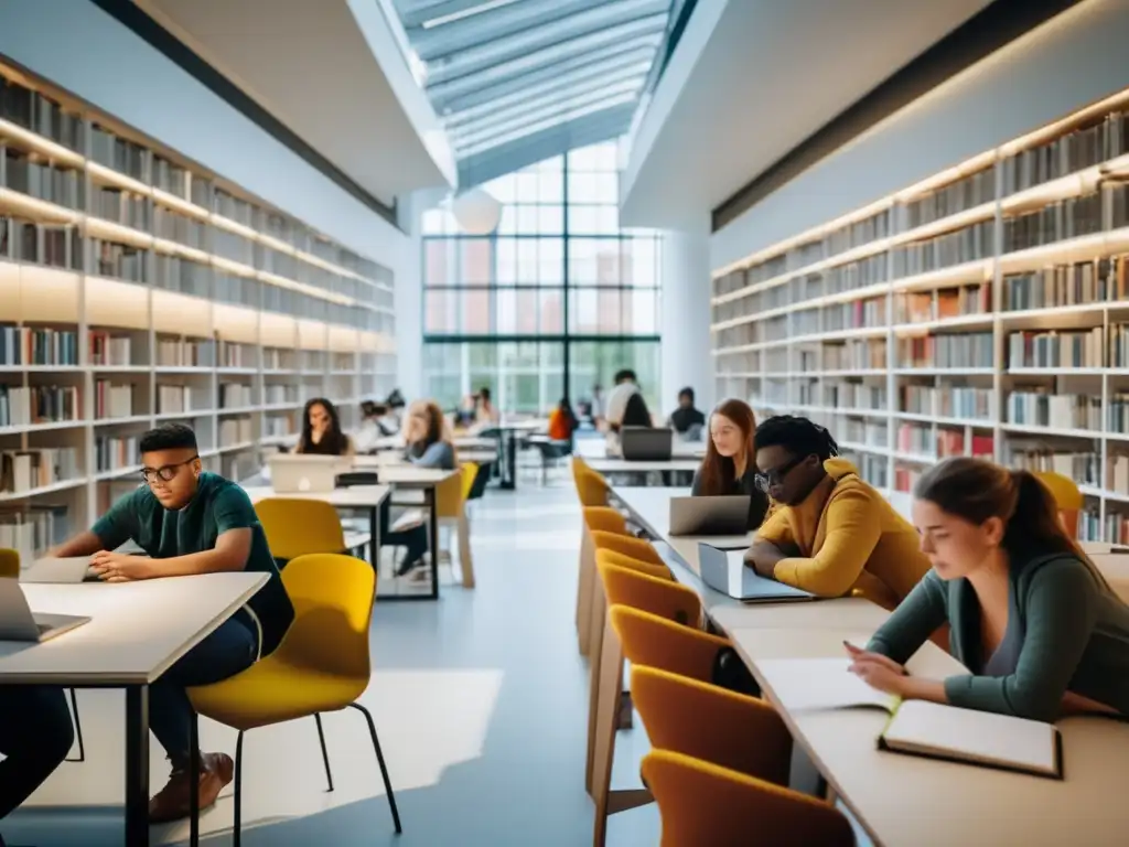 Estudiantes diversos estudiando juntos en biblioteca universitaria moderna Preparación pruebas admisión universidades Europa: estudiantes diversos estudiando en una moderna biblioteca universitaria