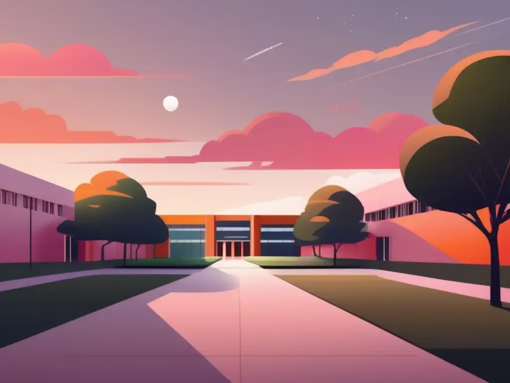 Universidad moderna al atardecer Ilustración moderna de un campus universitario al atardecer - Importancia de la intuición en admisiones universitarias