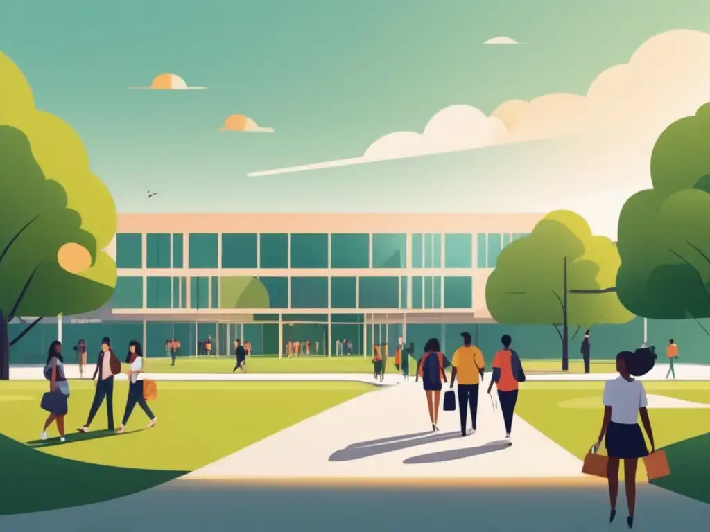 Campus universitario moderno y diverso Ilustración moderna de un campus universitario rodeado de árboles y estudiantes diversos