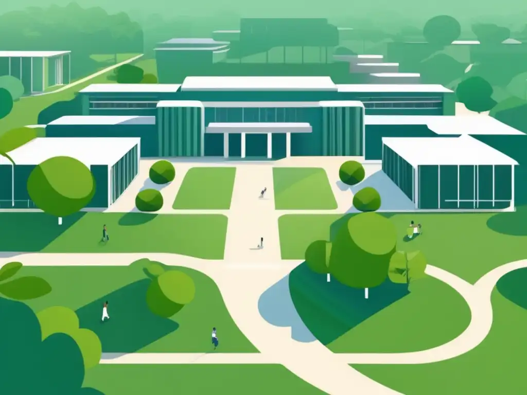 Universidad moderna y serena desde arriba Ilustración moderna de un campus universitario rodeado de vegetación exuberante y edificios contemporáneos